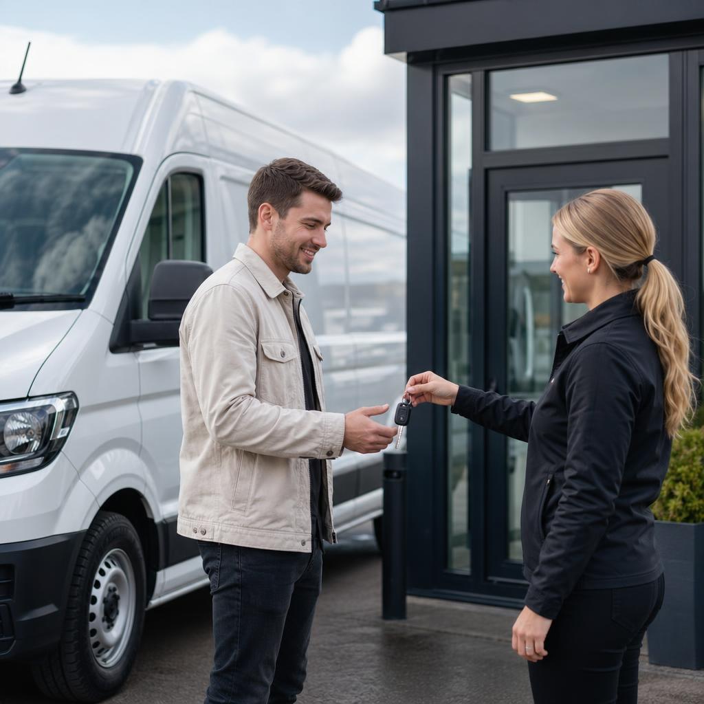 A customer receiving keys for a clean hire van on a professional forecourt.
