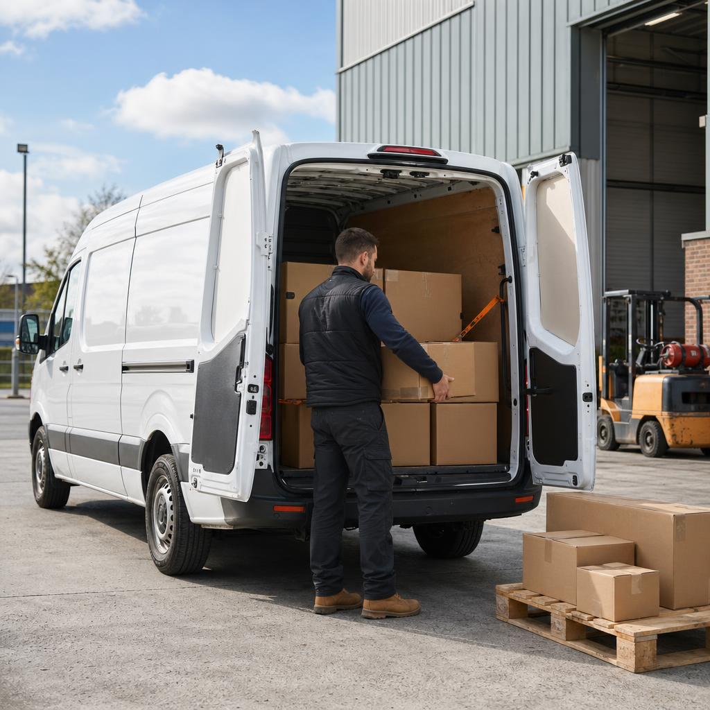 A business user loading boxed goods into a hire van in Southampton.
