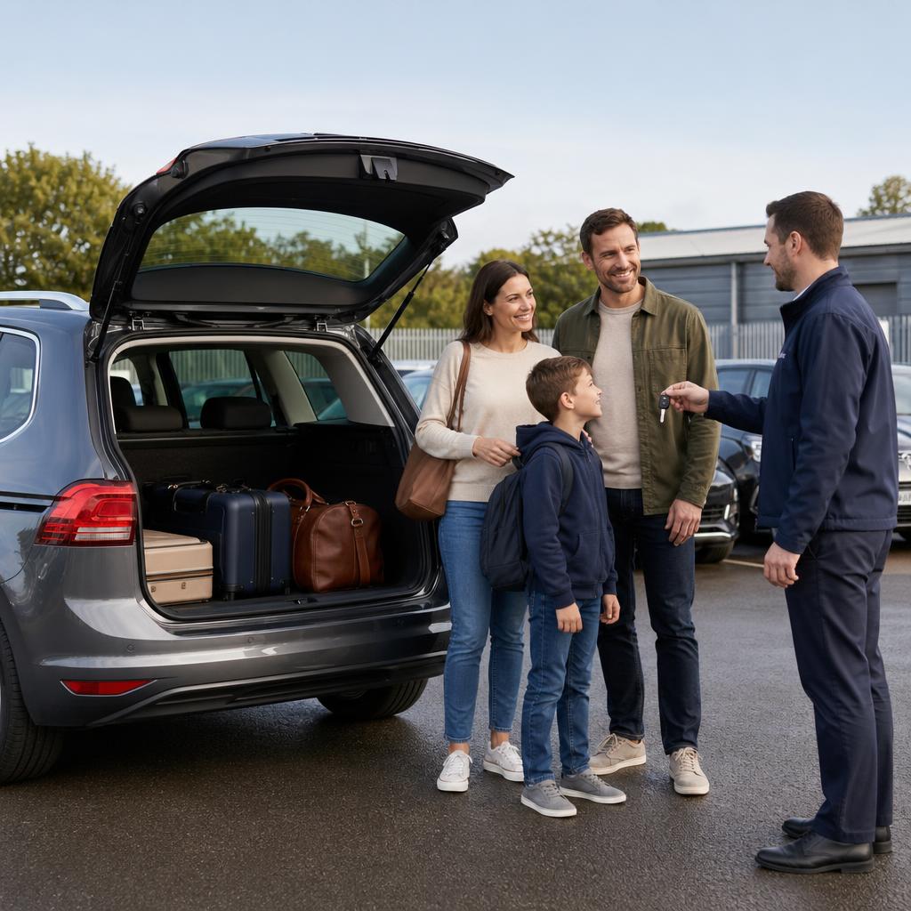 A family collecting a clean hire car with luggage ready for travel in Eastleigh.