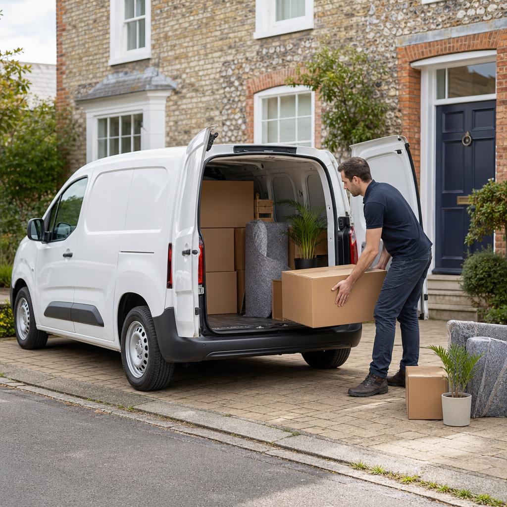 A compact hire van being unloaded for a local delivery in Winchester.