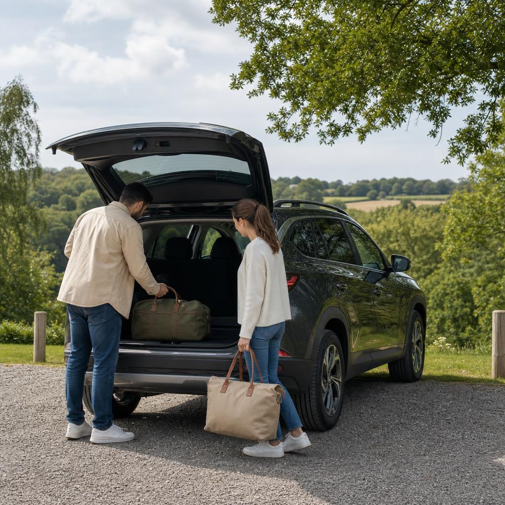 Hire vehicle travelling through Fair Oak village area