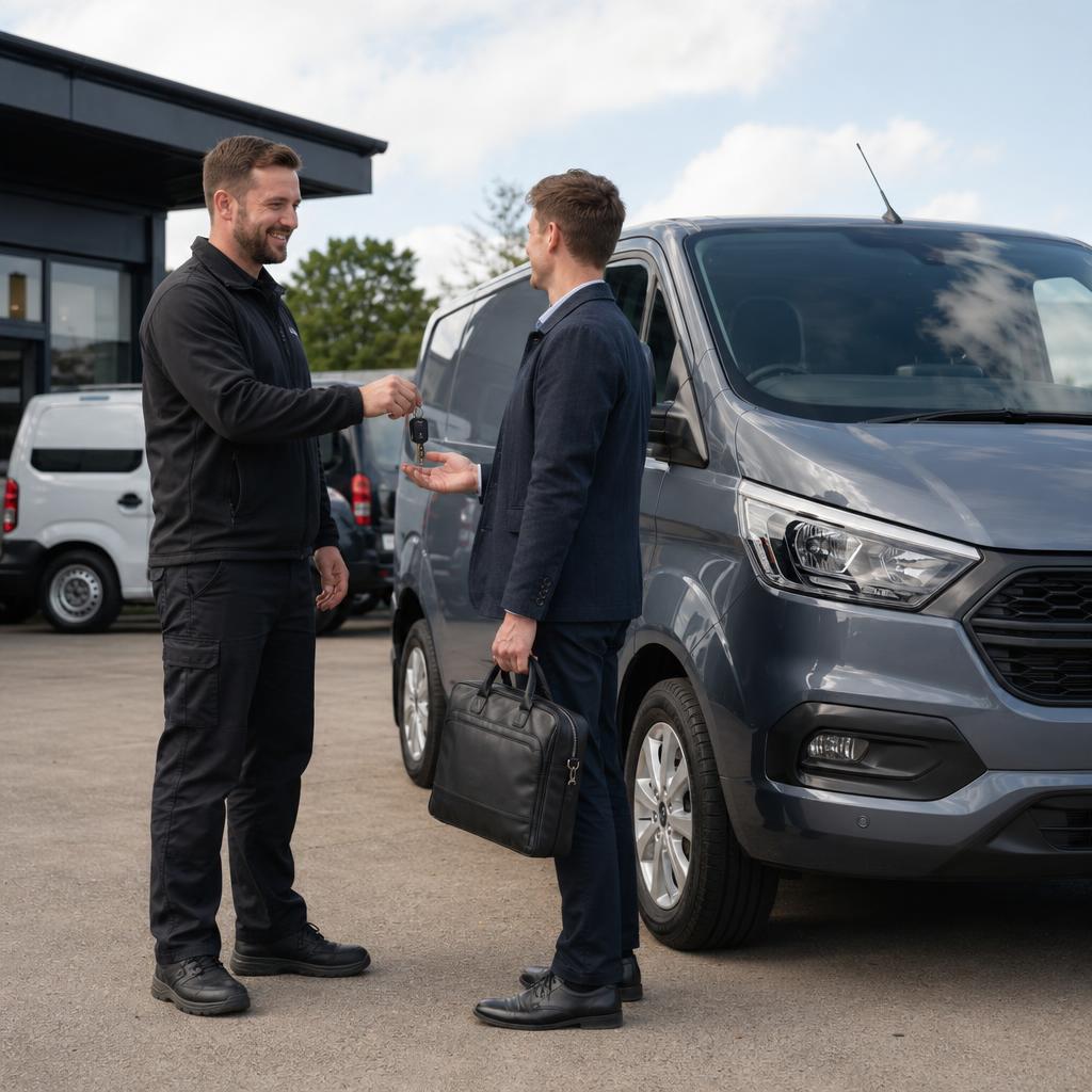 A forecourt key handover beside a ready-to-drive hire van in Chandler's Ford.