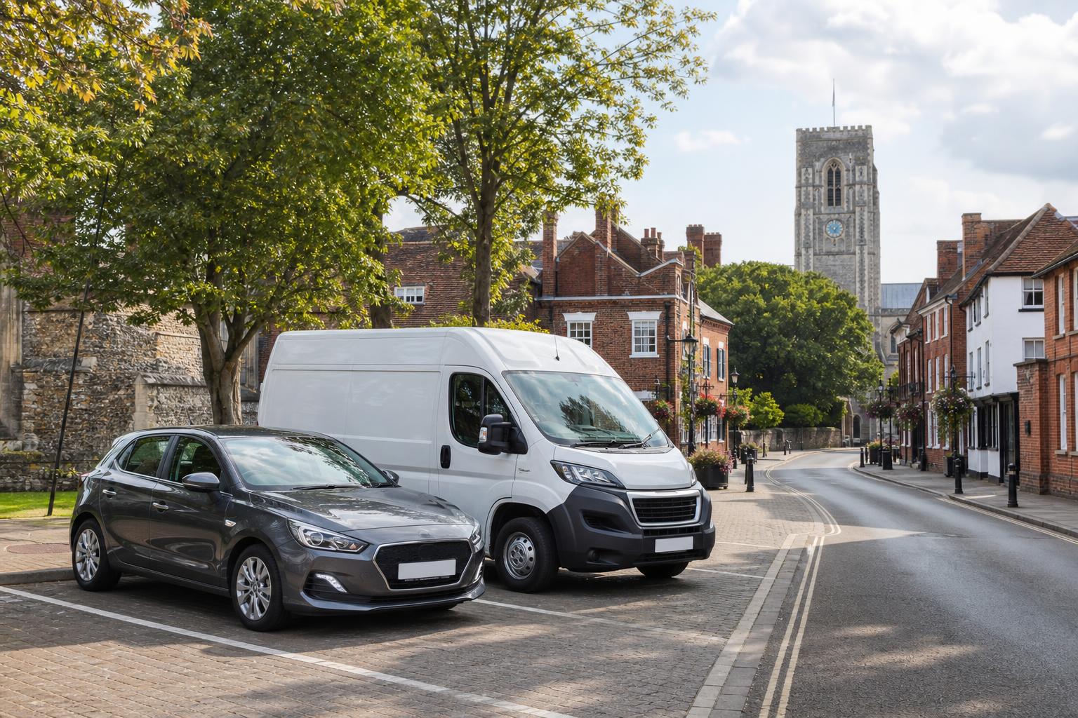 Hire van parked near central Eastleigh with local shops and road links nearby