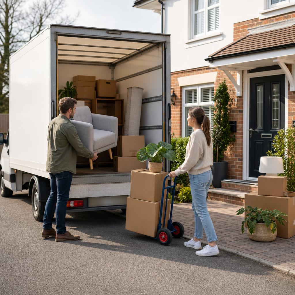 A small hire van being loaded with boxes for a home move near Romsey.