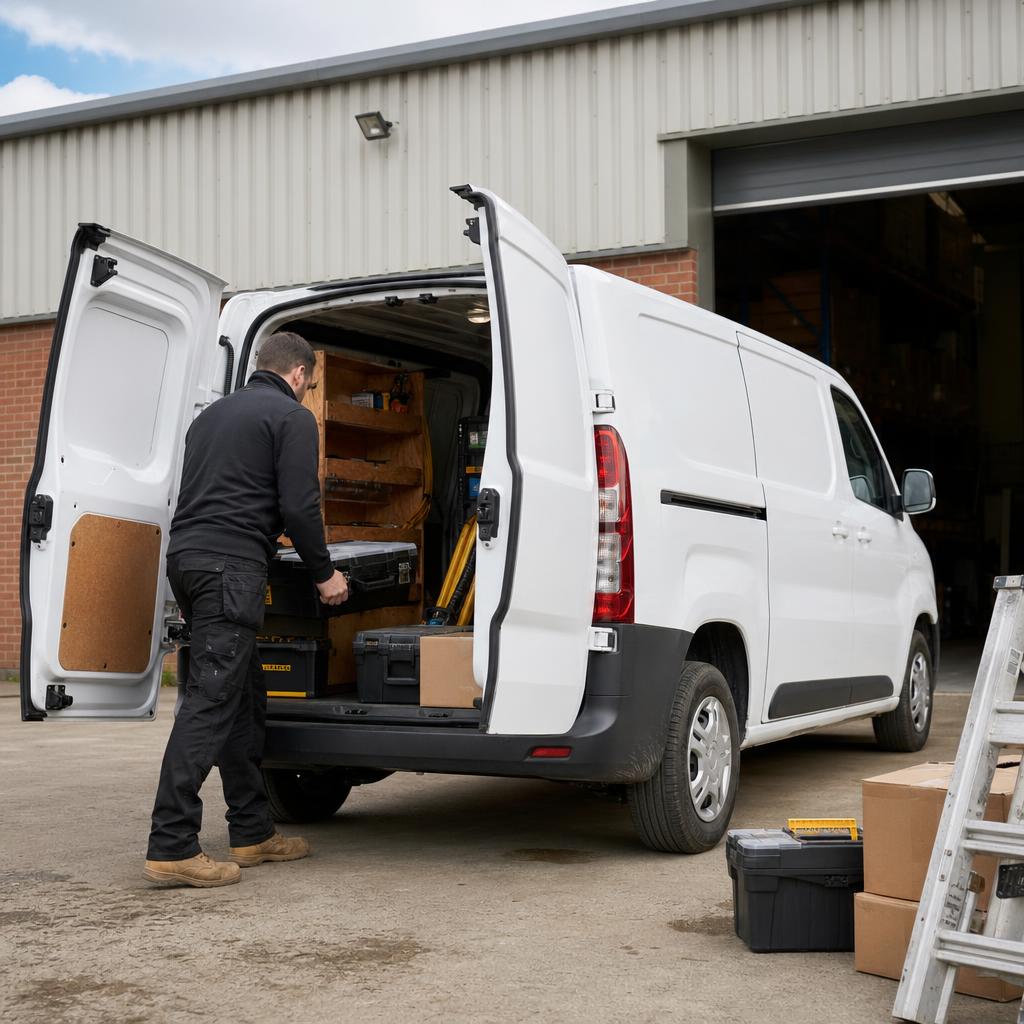 A tradesperson loading equipment into a clean hire van in Totton.